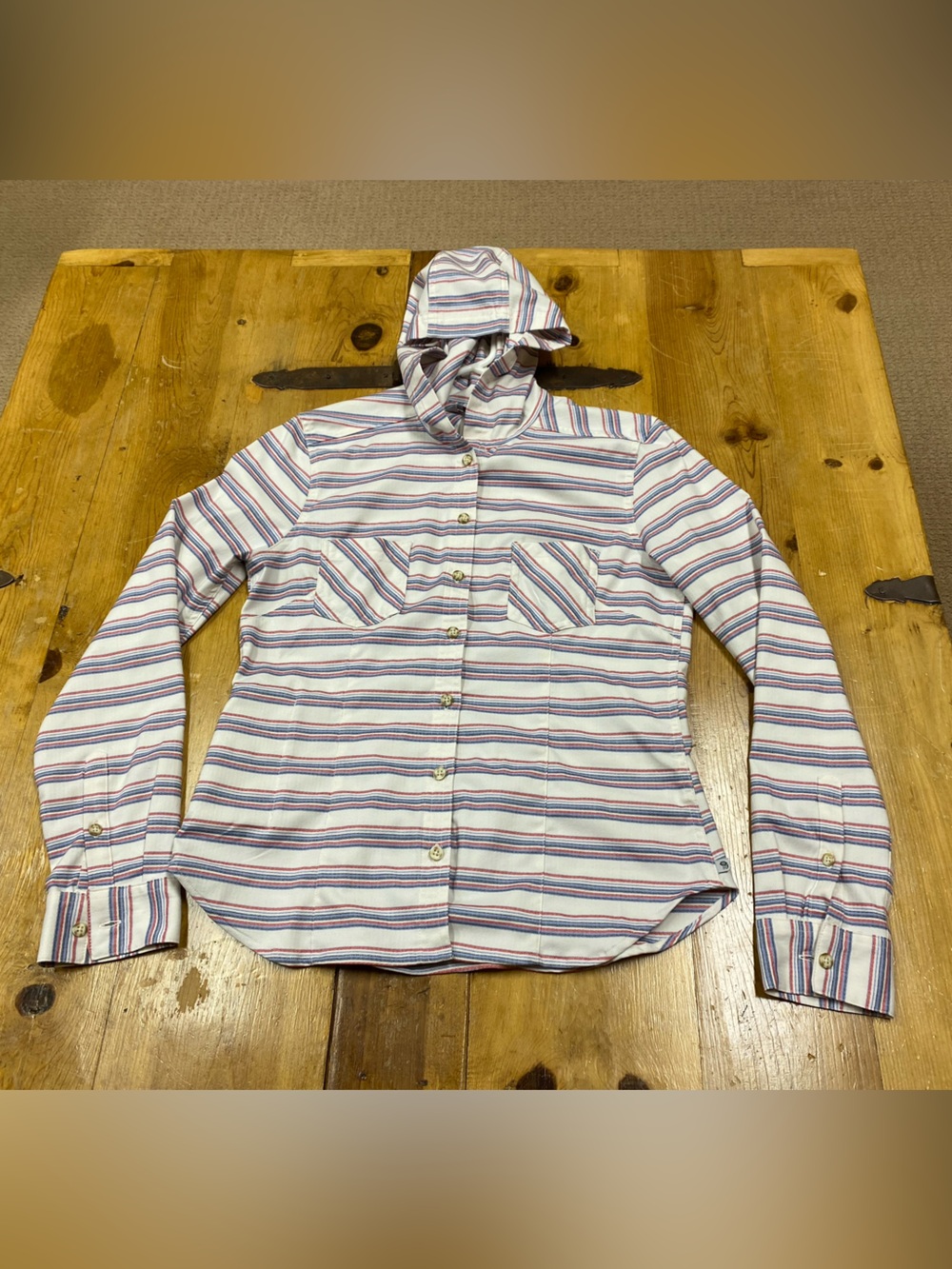 Mountain hardware Striped Hooded Button-Up Shirt  - White with Blue & Red
